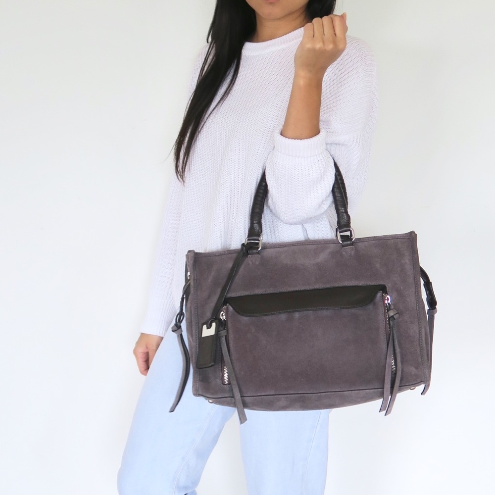 Suede Tote Bag in Charcoal Gray - Designer-Style Carryall